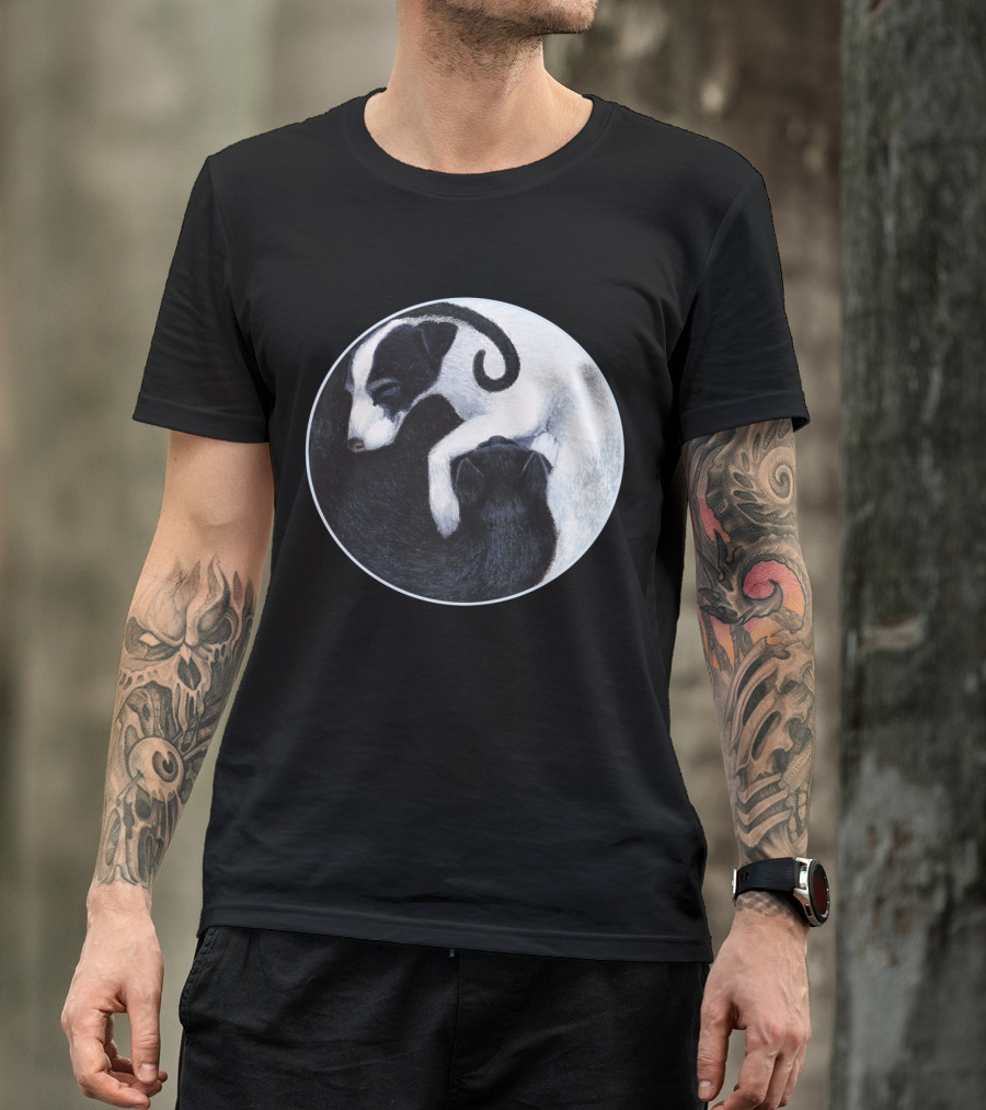 Yin Yang Cat Dog Harmony Embracing Balance In Black And White Circle T-Shirt