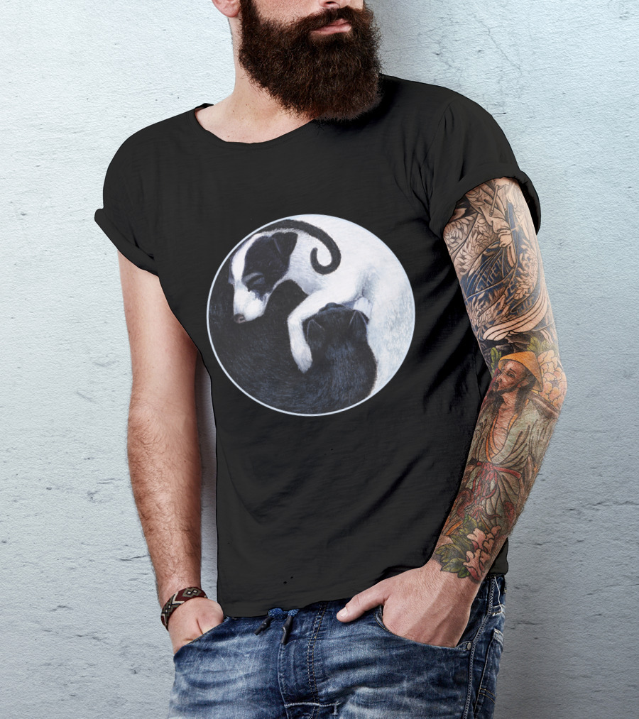Yin Yang Cat Dog Harmony Embracing Balance In Black And White Circle T-Shirt