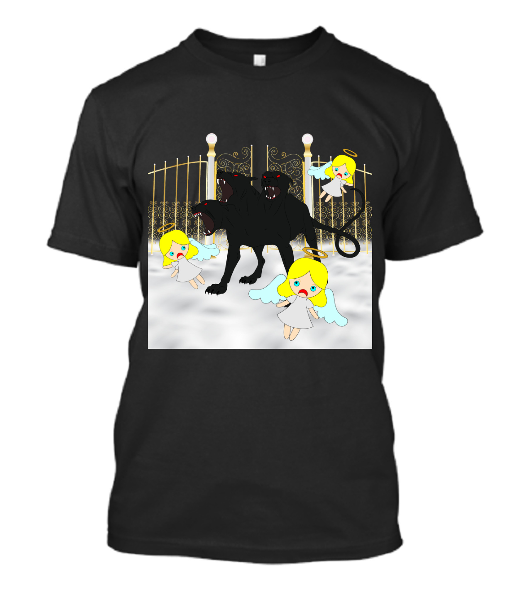 Dog Bites God Cerberus Attacks Angels At Golden Gates T-Shirt