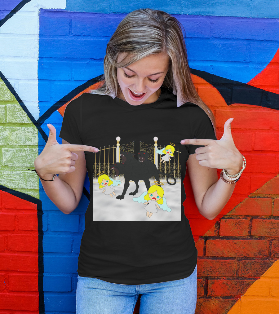 Dog Bites God Cerberus Attacks Angels At Golden Gates T-Shirt