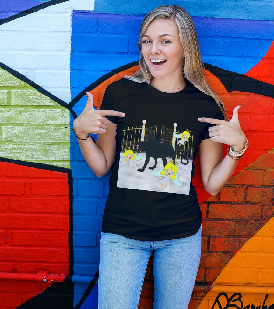 Dog Bites God Cerberus Attacks Angels At Golden Gates T-Shirt