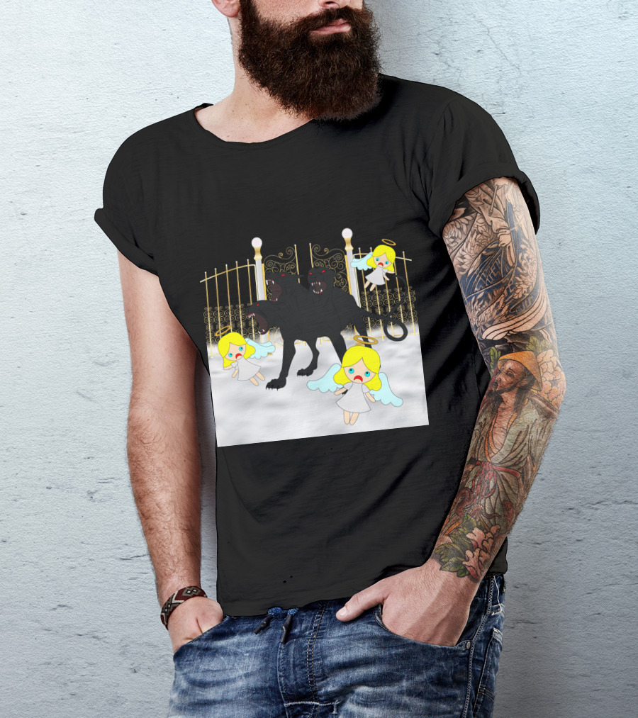 Dog Bites God Cerberus Attacks Angels At Golden Gates T-Shirt