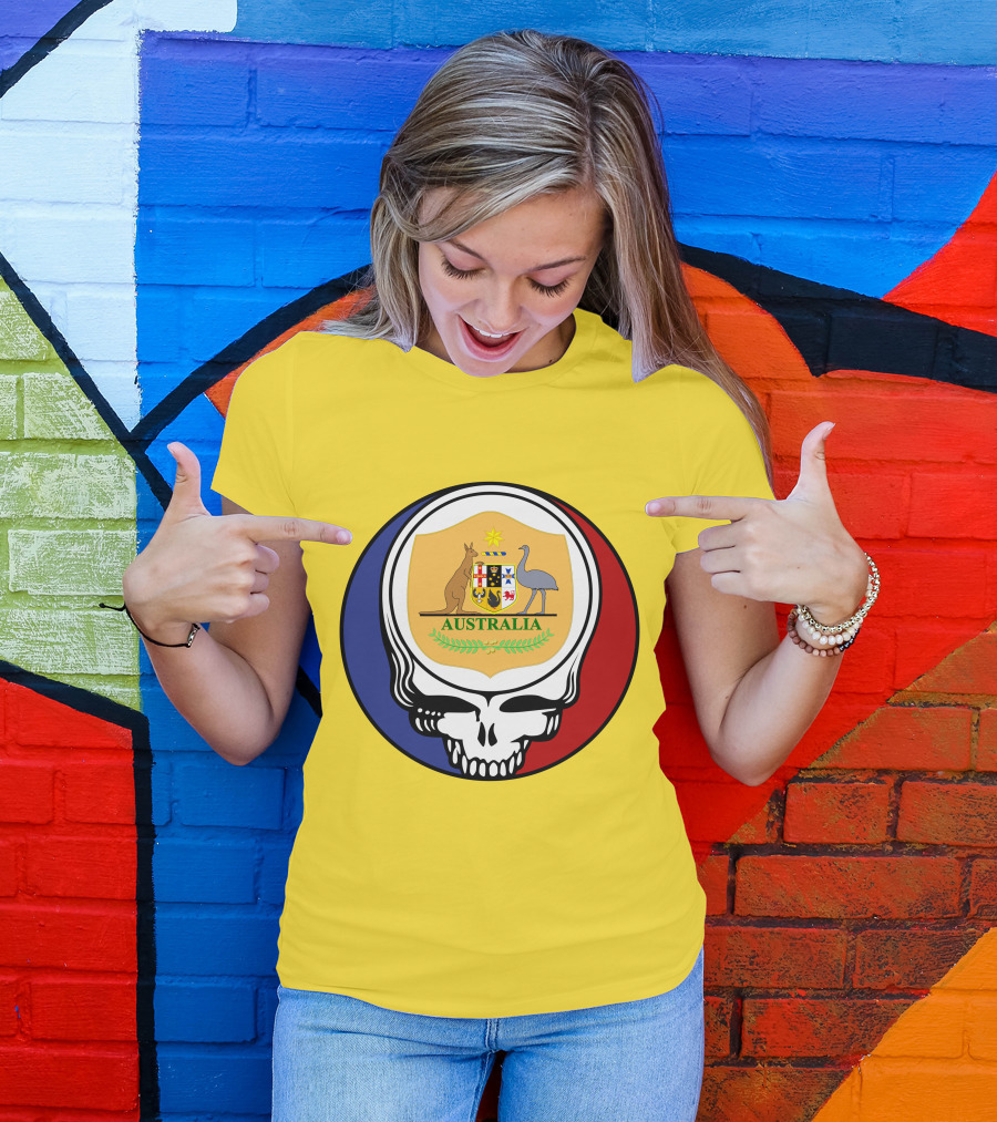 Australia National Football Team Grateful Dead Skull Emblem With Kangaroo And Emu Crest T-Shirt