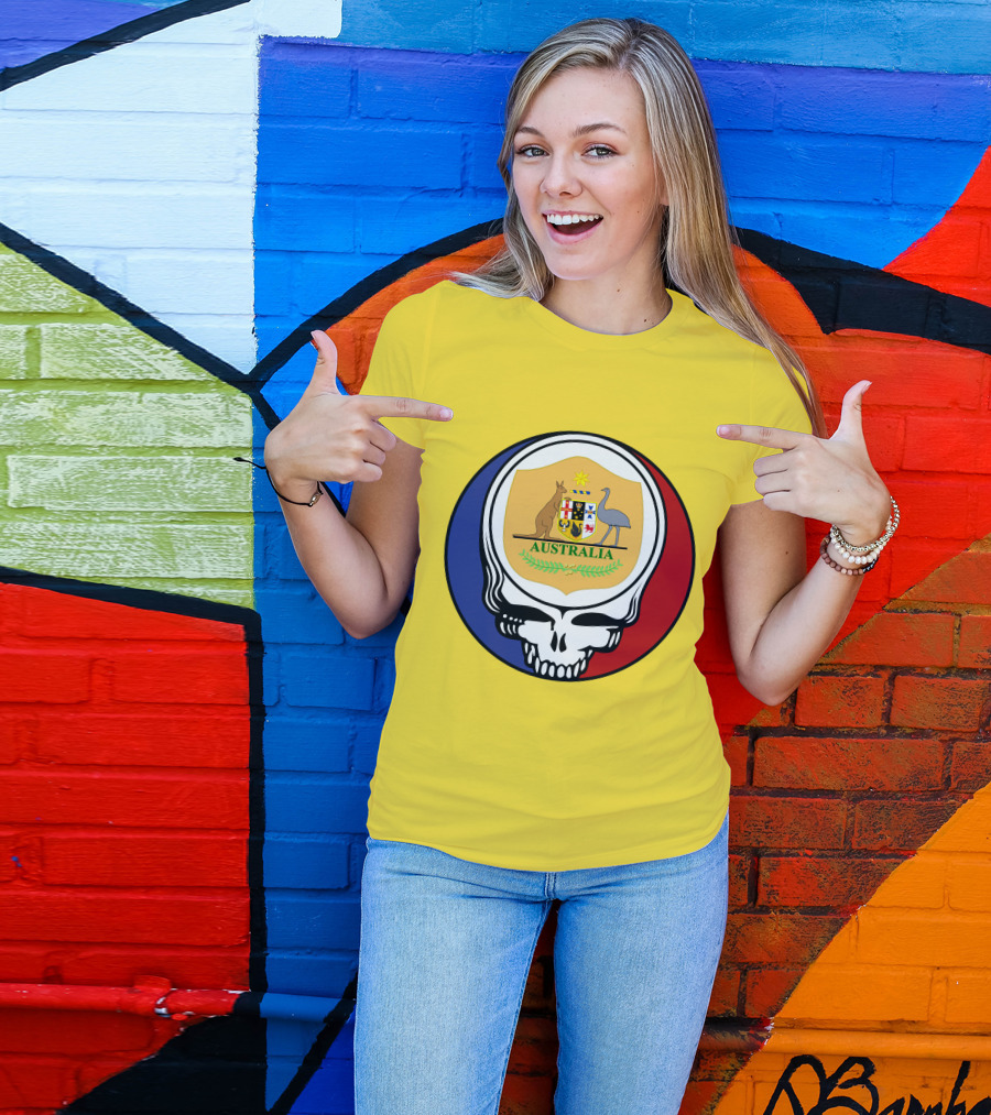 Australia National Football Team Grateful Dead Skull Emblem With Kangaroo And Emu Crest T-Shirt