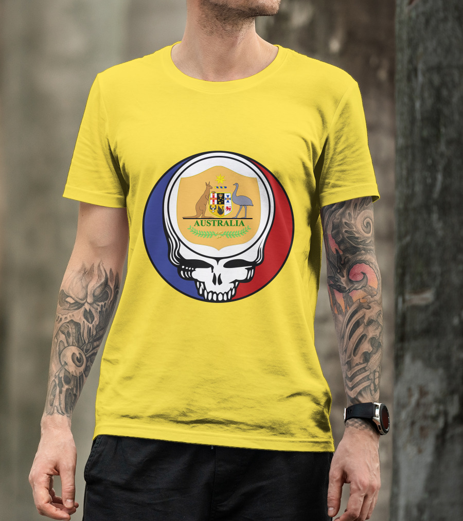 Australia National Football Team Grateful Dead Skull Emblem With Kangaroo And Emu Crest T-Shirt