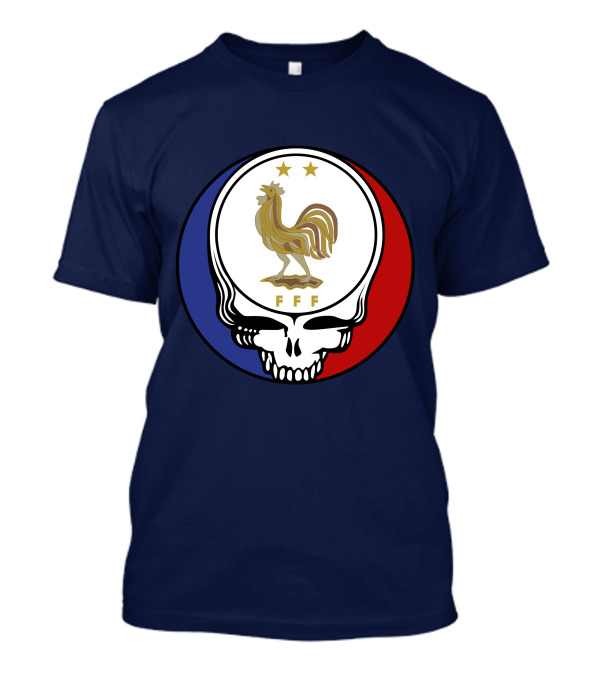 Equipe De France De Football Grateful Dead FFF Rooster Skull Red White Blue T-Shirt