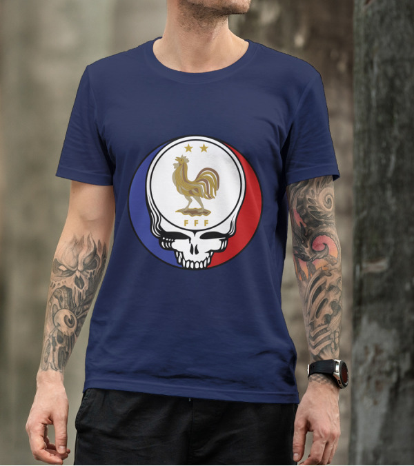Equipe De France De Football Grateful Dead FFF Rooster Skull Red White Blue T-Shirt