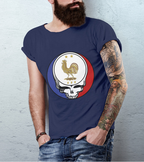 Equipe De France De Football Grateful Dead FFF Rooster Skull Red White Blue T-Shirt