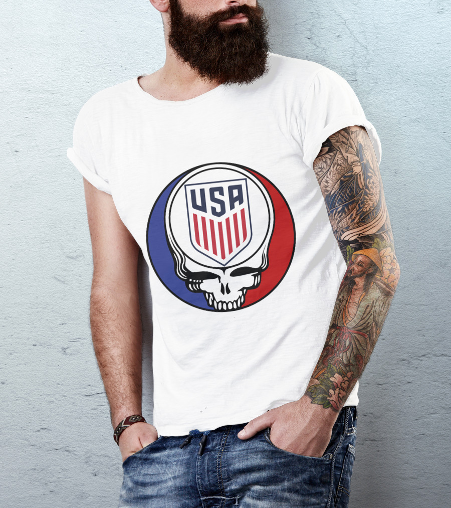 USA Soccer Grateful Dead Skull Logo Red Blue Badge T-Shirt