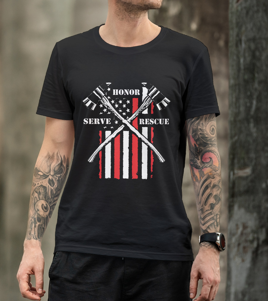 HONOR SERVE RESCUE FIREFIGHTER AXES AND RED STRIPES BACKGROUND T-Shirt