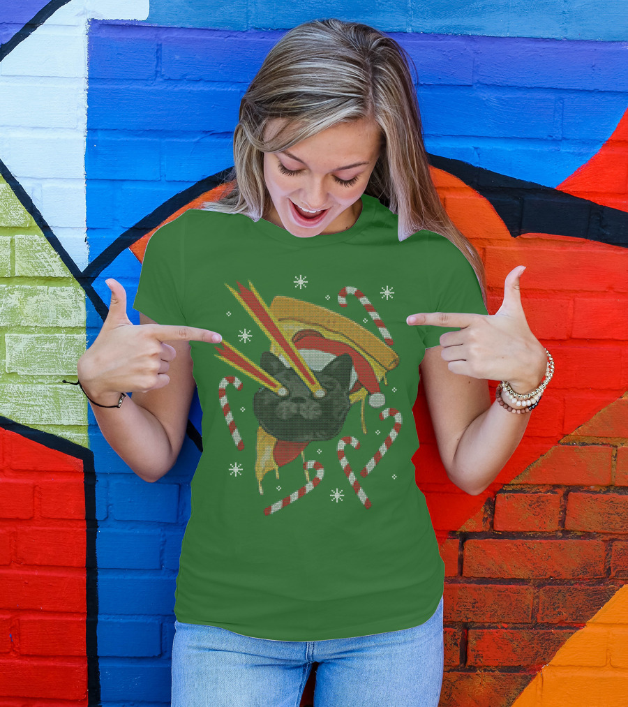 Drax Christmas Jumpers Cat Laser Eyes Christmas Pizza Candy Canes T-Shirt