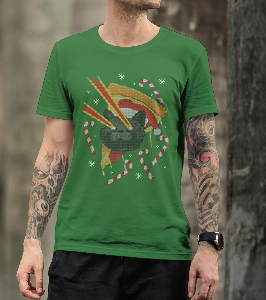 Drax Christmas Jumpers Cat Laser Eyes Christmas Pizza Candy Canes T-Shirt