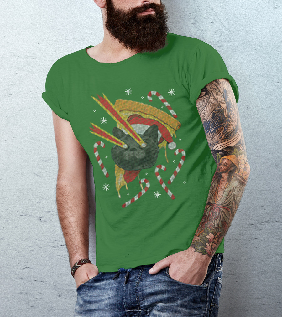 Drax Christmas Jumpers Cat Laser Eyes Christmas Pizza Candy Canes T-Shirt