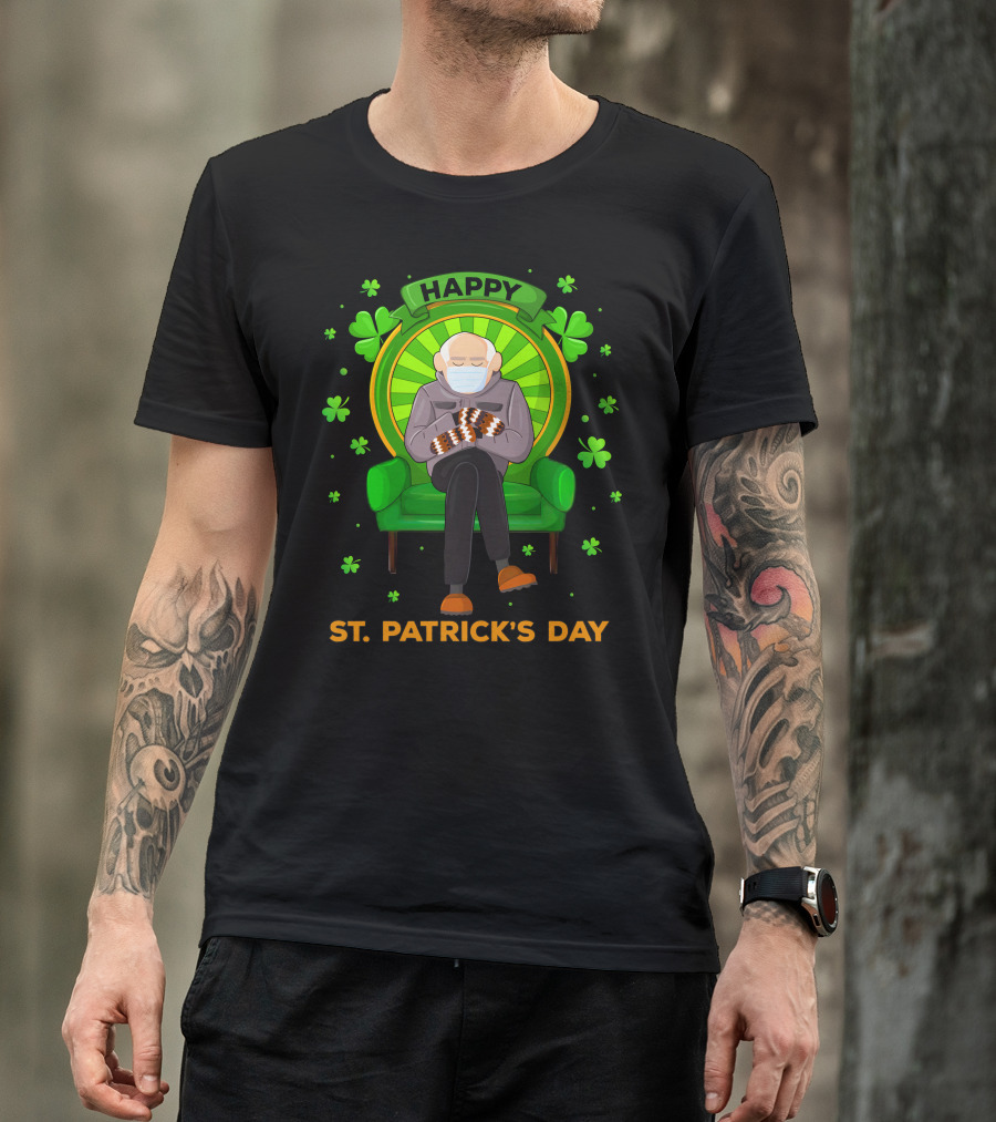 Happy St. Patrick's Day Masked Sitting Man With Mittens Surrounded By Clovers T-Shirt