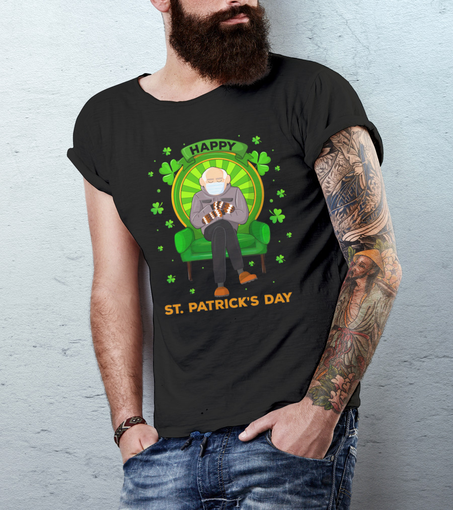 Happy St. Patrick's Day Masked Sitting Man With Mittens Surrounded By Clovers T-Shirt