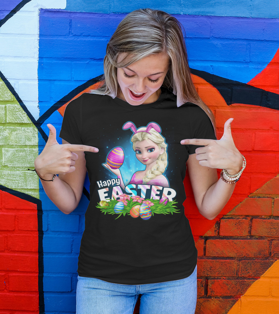 Elsa Happy Easter Bunny Ears And Colorful Eggs T-Shirt