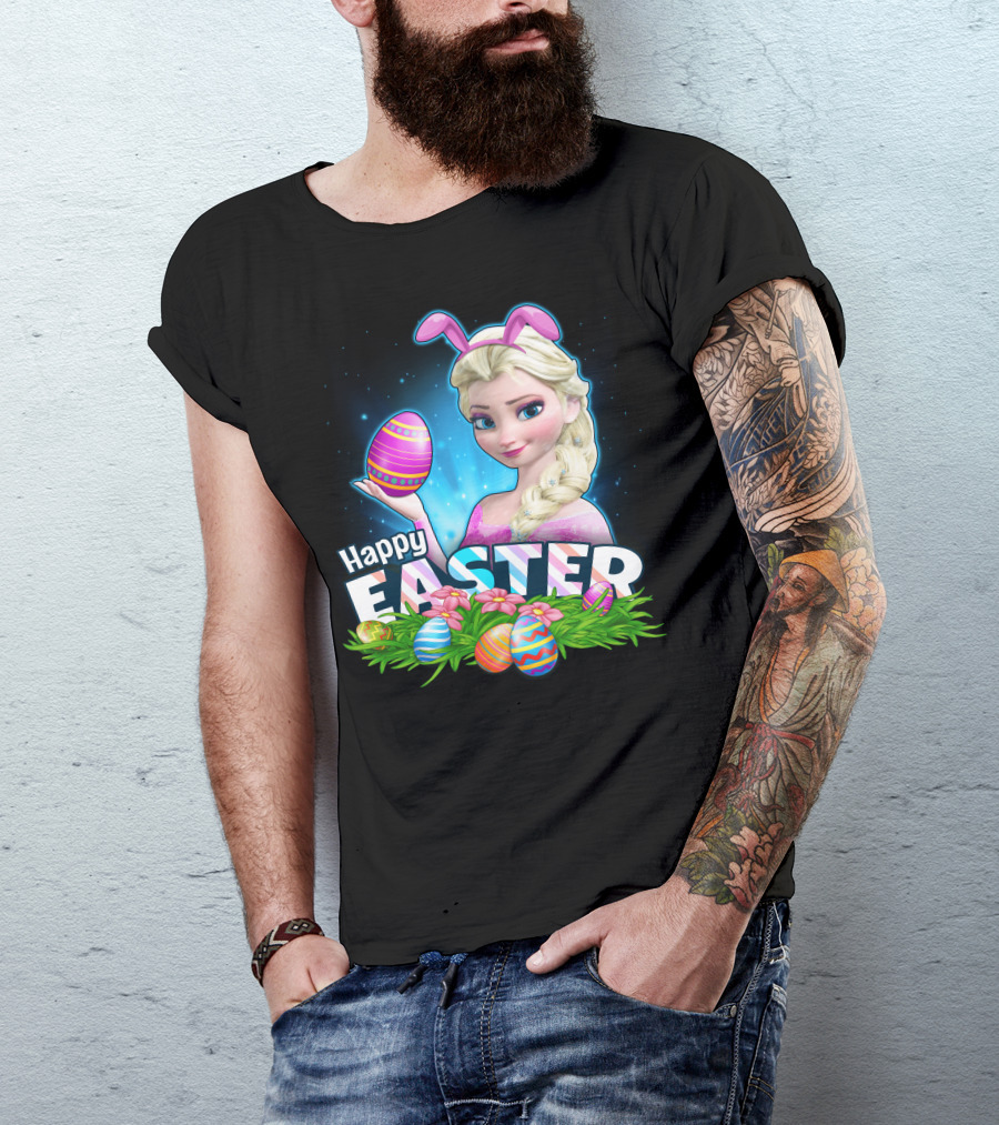 Elsa Happy Easter Bunny Ears And Colorful Eggs T-Shirt