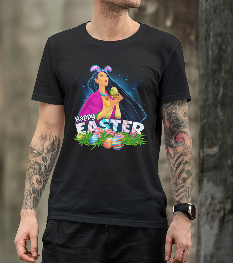Pocahontas Happy Easter Colorful Eggs And Flowers Scene T-Shirt