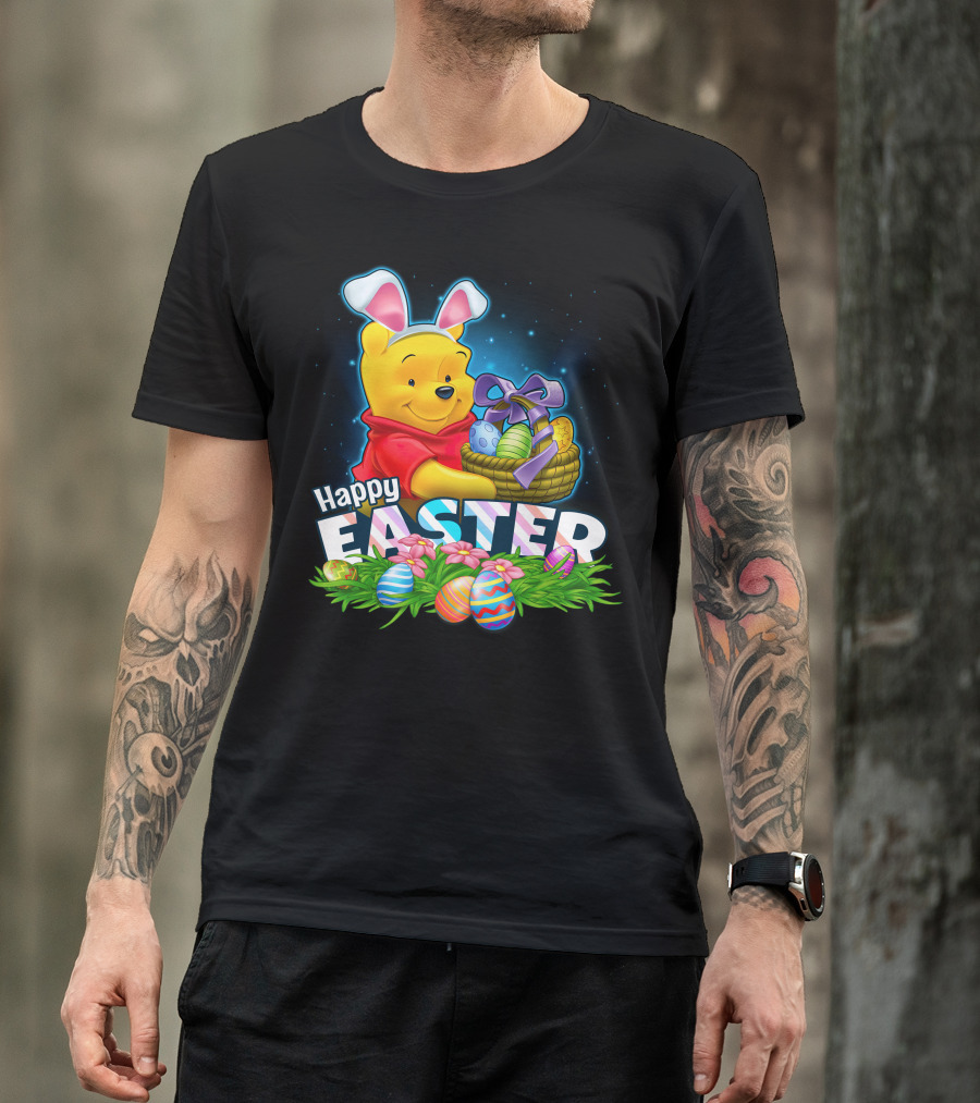 Pooh Happy Easter With Basket Of Eggs And Bunny Ears T-Shirt