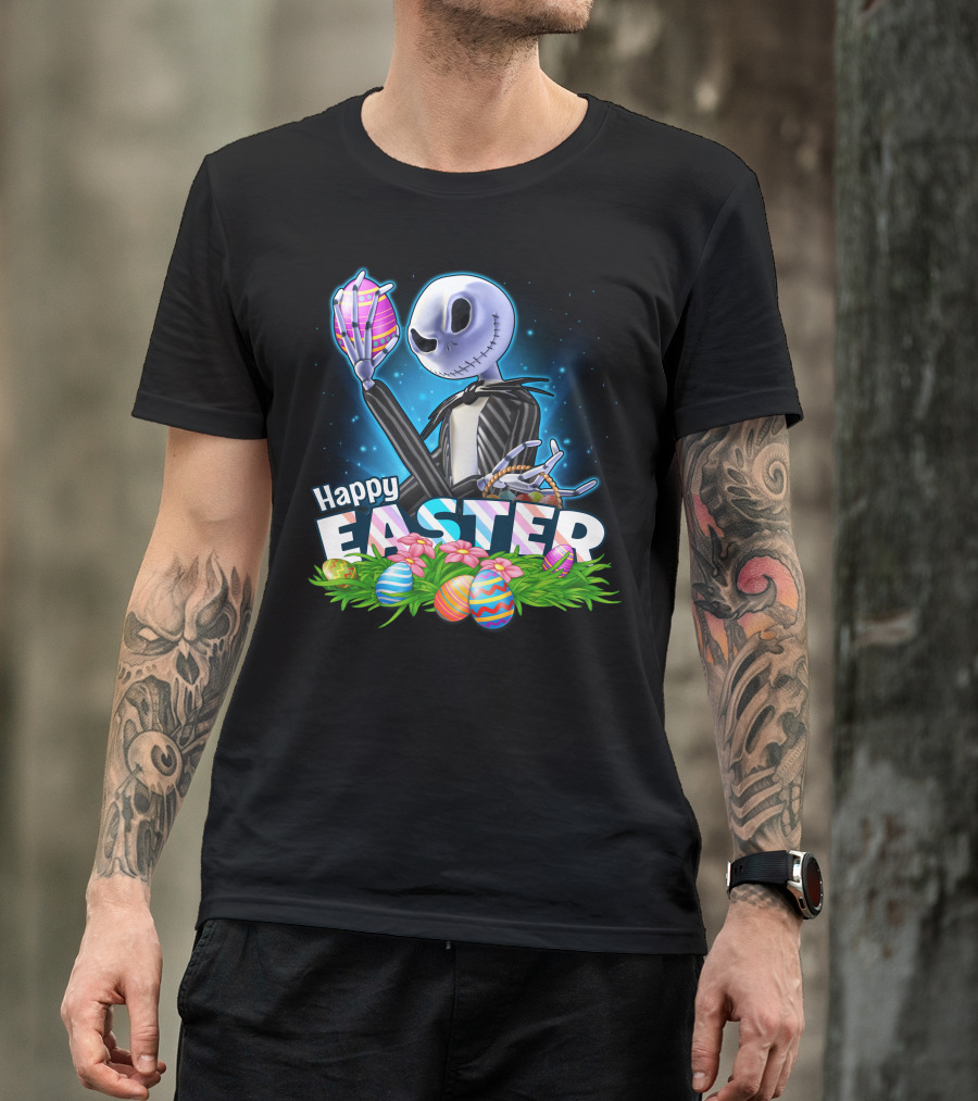 Jack Skellington Easter Celebration With Colorful Eggs And Flowers T-Shirt