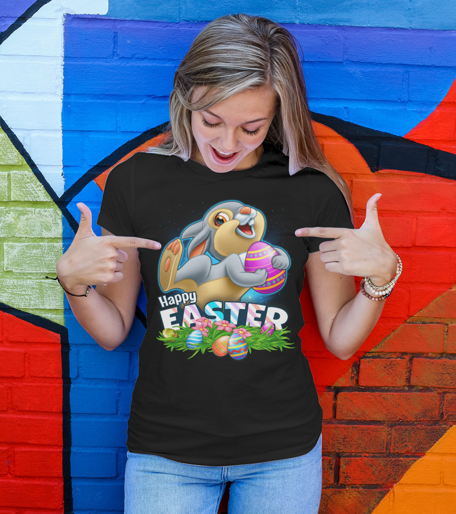 Thumper Happy Easter Colorful Eggs And Flowers T-Shirt