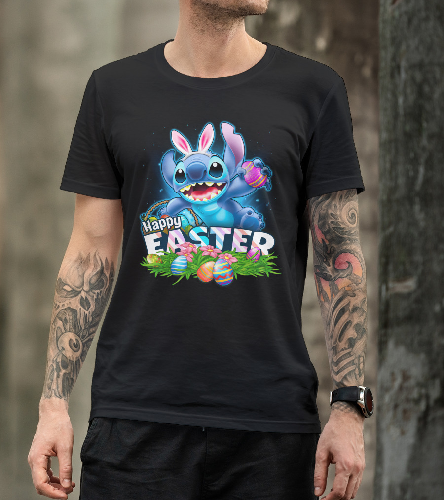 Stitch Happy Easter With Bunny Ears And Colorful Eggs T-Shirt