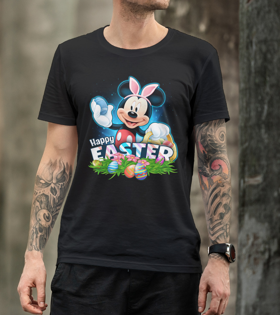 Mickey Mouse Happy Easter With Bunny Ears And Colorful Eggs Basket T-Shirt
