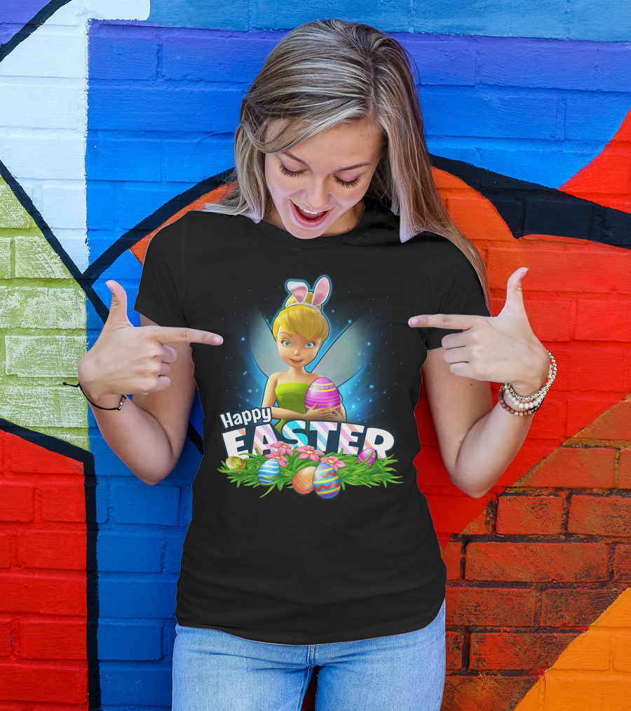 Tinker Bell Happy Easter With Colorful Eggs And Bunny Ears T-Shirt