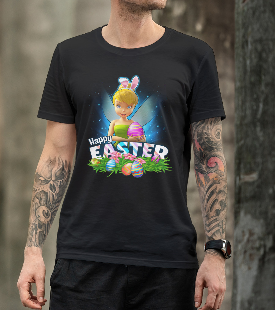 Tinker Bell Happy Easter With Colorful Eggs And Bunny Ears T-Shirt
