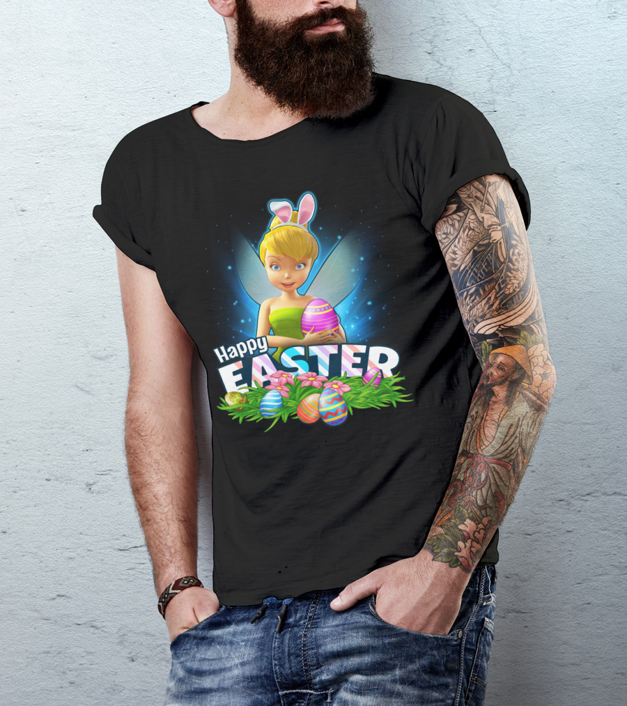 Tinker Bell Happy Easter With Colorful Eggs And Bunny Ears T-Shirt