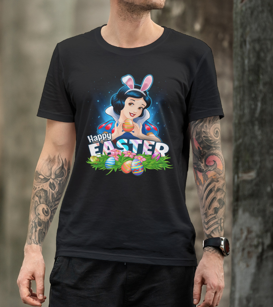Snow White Happy Easter Bunny Ears Colorful Eggs Spring Celebration T-Shirt
