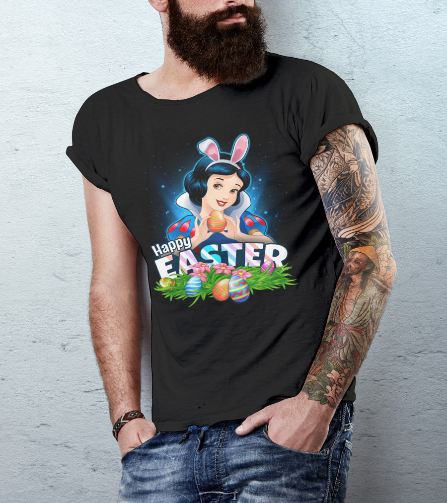 Snow White Happy Easter Bunny Ears Colorful Eggs Spring Celebration T-Shirt