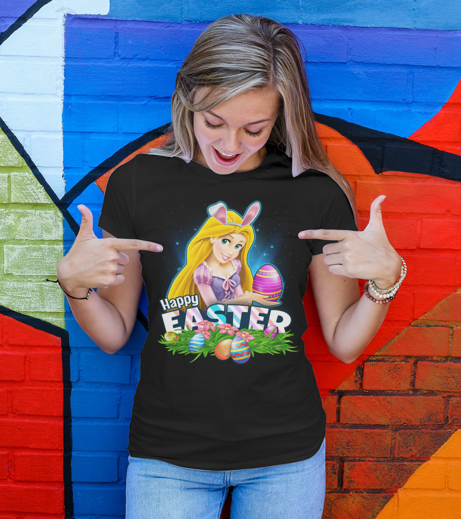 Happy Easter Rapunzel Bunny Ears With Colorful Eggs And Flowers T-Shirt