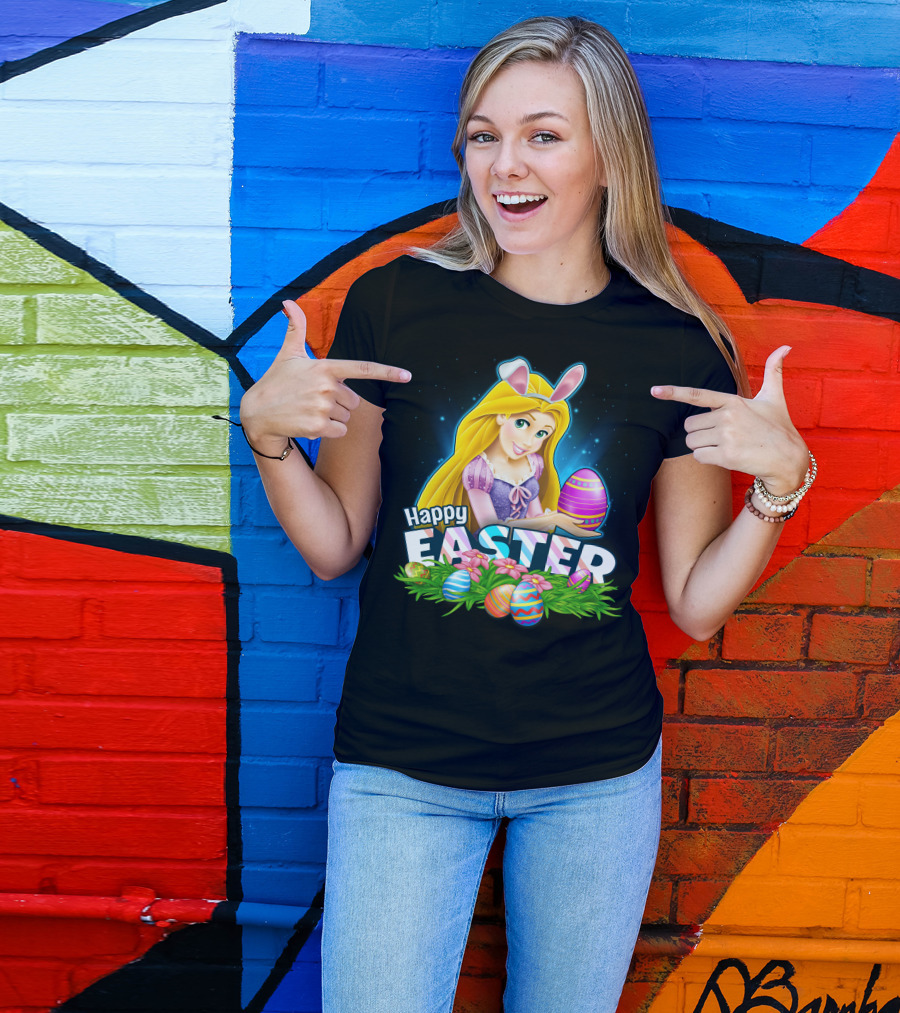 Happy Easter Rapunzel Bunny Ears With Colorful Eggs And Flowers T-Shirt