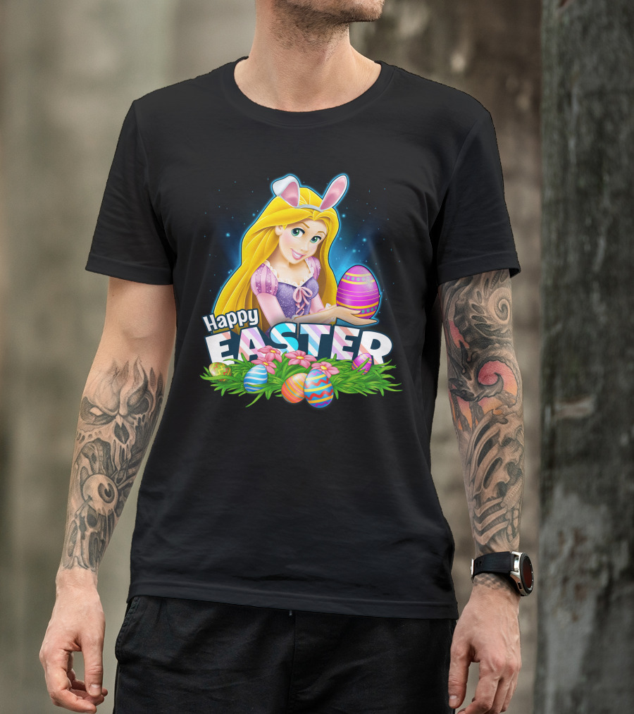 Happy Easter Rapunzel Bunny Ears With Colorful Eggs And Flowers T-Shirt