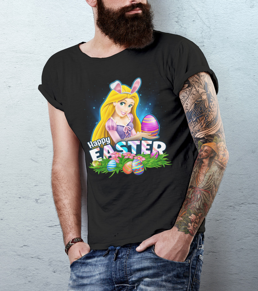 Happy Easter Rapunzel Bunny Ears With Colorful Eggs And Flowers T-Shirt