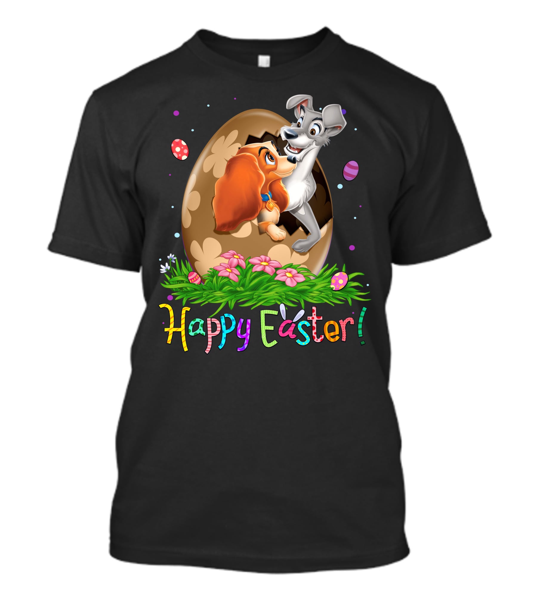 Lady And The Tramp Happy Easter Egg Scene With Colorful Flowers And Eggs T-Shirt