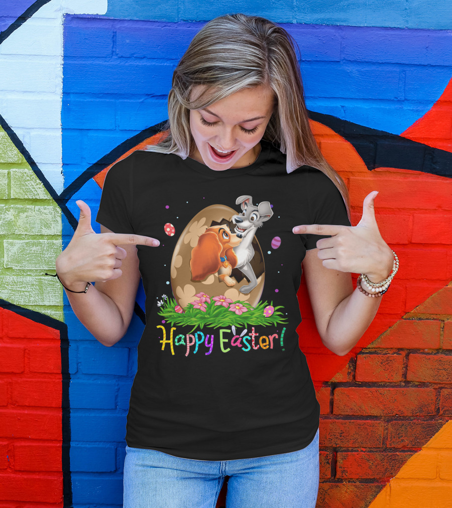 Lady And The Tramp Happy Easter Egg Scene With Colorful Flowers And Eggs T-Shirt