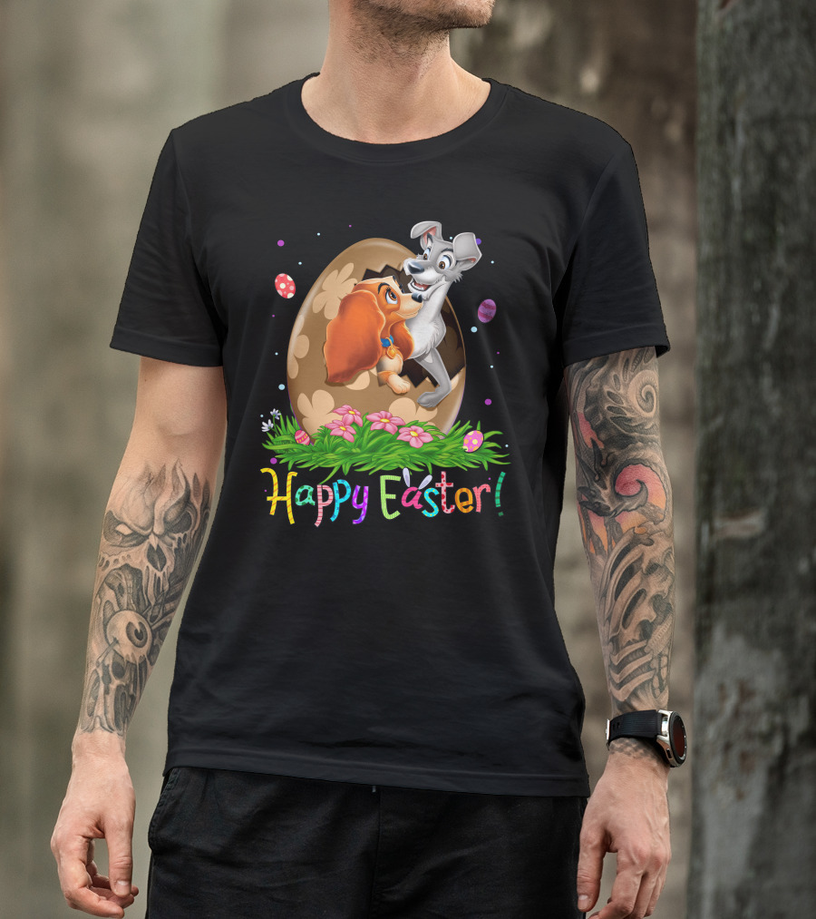 Lady And The Tramp Happy Easter Egg Scene With Colorful Flowers And Eggs T-Shirt