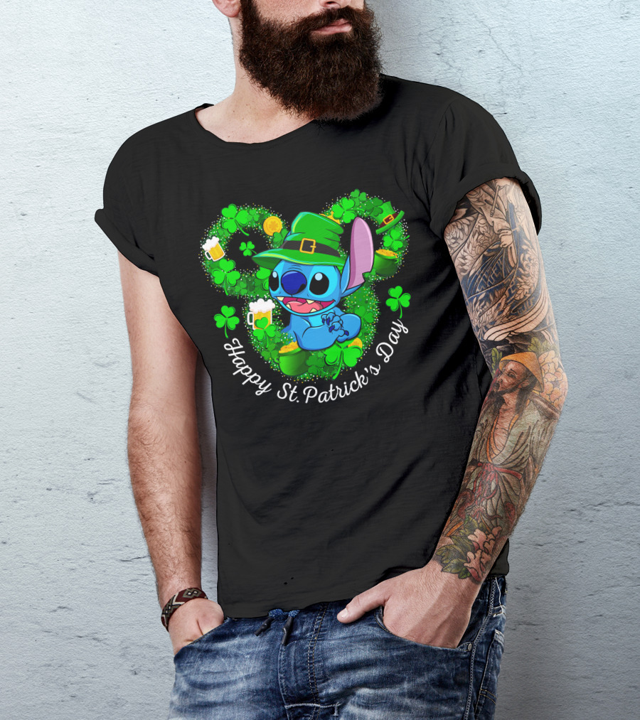 Happy St. Patrick's Day Stitch Clover And Leprechaun Hat T-Shirt