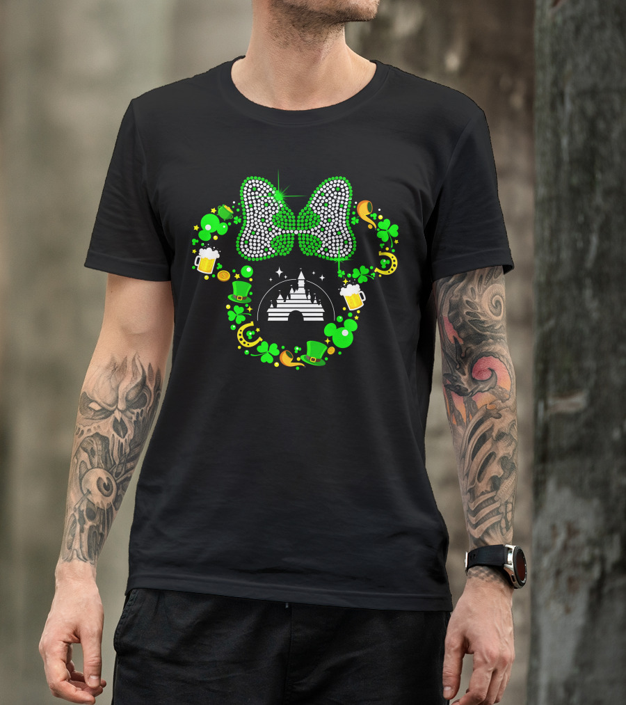 Minnie Mouse St. Patrick's Day Castle Shamrocks Beer Hats Horseshoes Bow T-Shirt