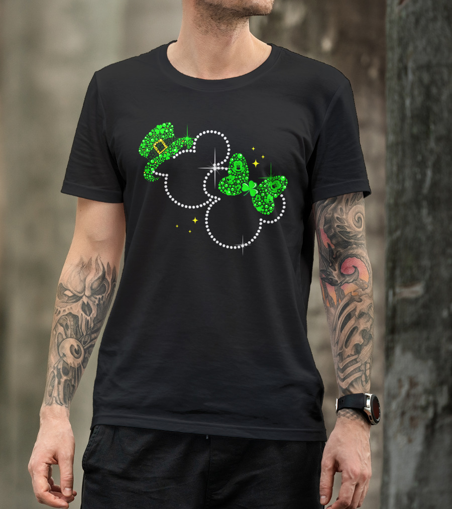 Mickey Minnie St. Patrick's Day Sparkling Green Hat And Bow T-Shirt