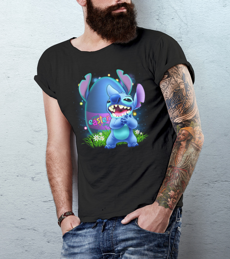 Happy Easter Day Stitch With Easter Egg And Flowers T-Shirt