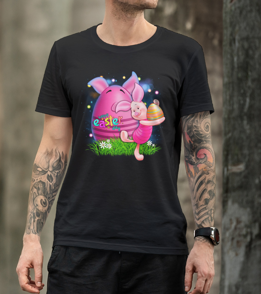 Happy Easter Day Piglet With Colorful Eggs T-Shirt