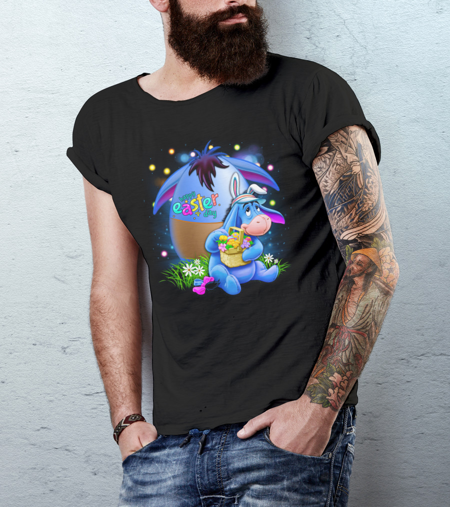 Happy Easter Day Eeyore With Basket And Colorful Egg T-Shirt