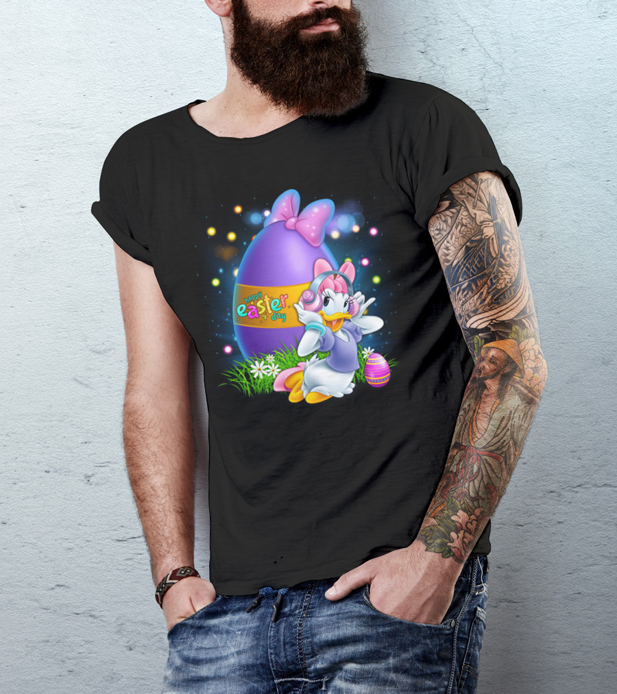 Daisy Duck Happy Easter Day Pink Bow Large Egg And Flowers T-Shirt