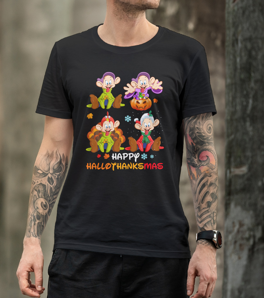 Happy Hallothanksmas Dopey Snow White Dwarfs Pumpkin Turkey Santa Hat T-Shirt