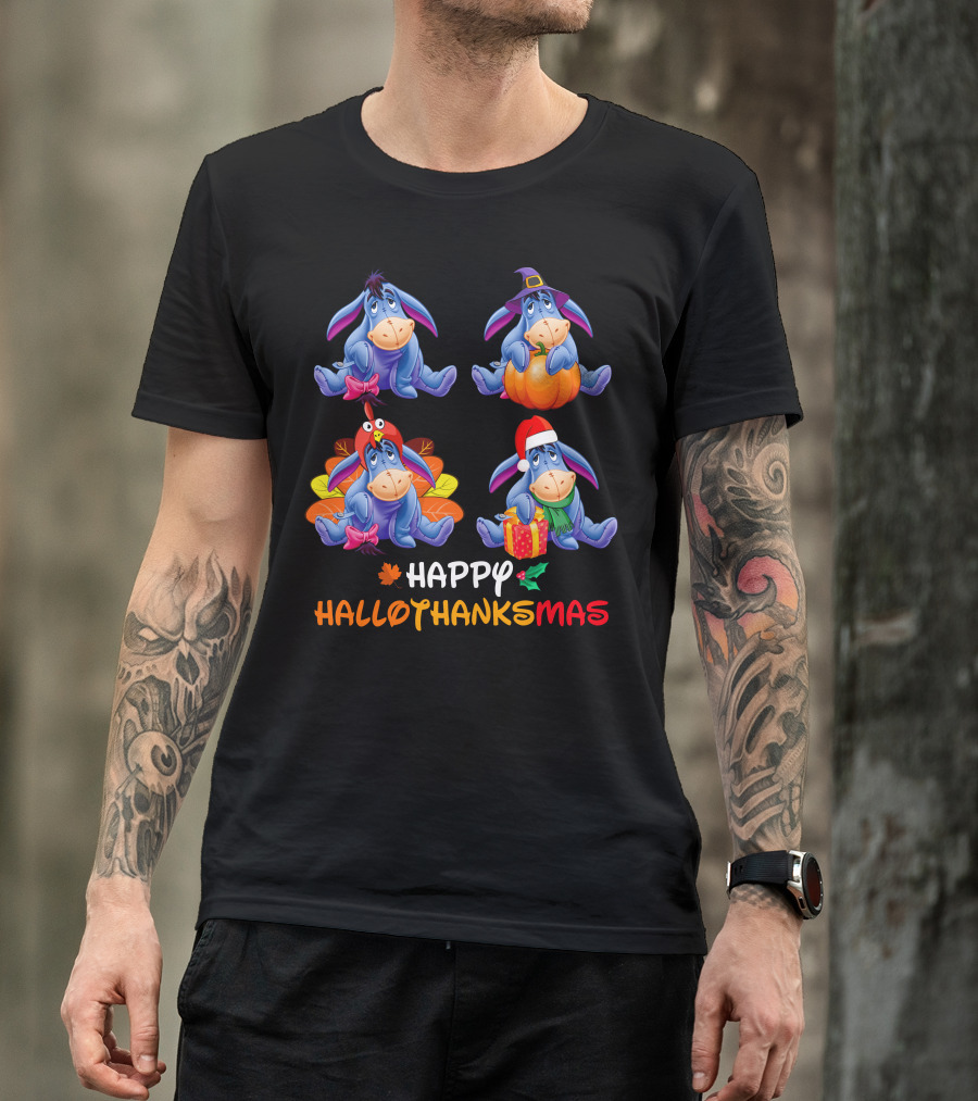 Ee Happy Hallothanksmas Eeyore With Pumpkin Turkey Hat Santa Hat T-Shirt