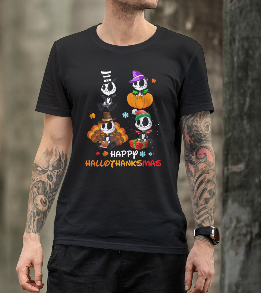 Happy Hallothanksmas Skeletons In Festive Hats Pumpkin Turkey Gift T-Shirt