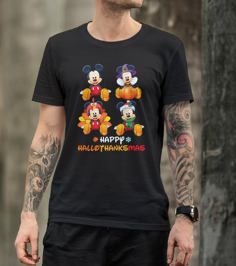 Happy Hallothanksmas Mickey In Halloween Thanksgiving And Christmas Outfits T-Shirt